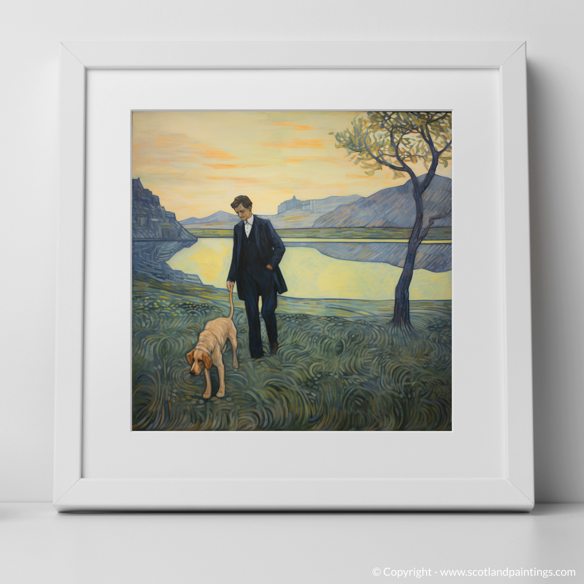 Art Print of A man walking dog at the side of Loch Lomond with a white frame