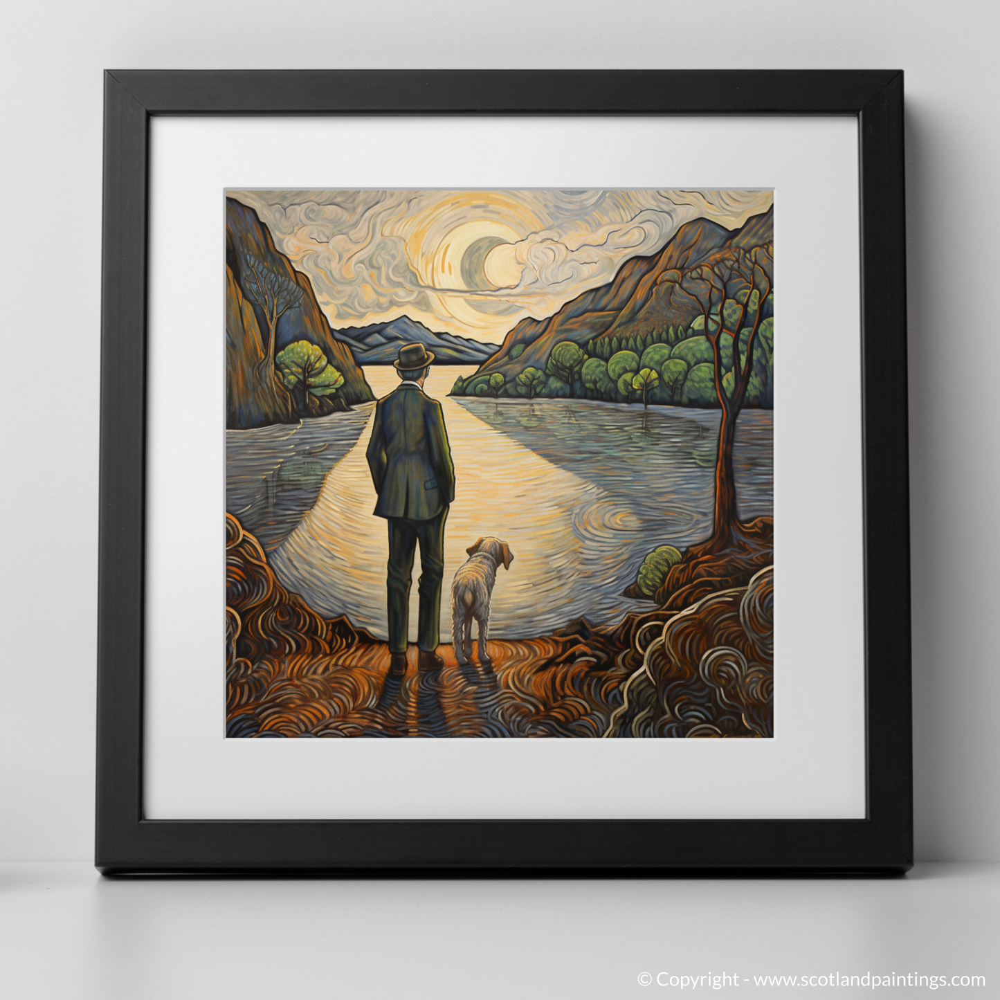 Painting and Art Print of A man walking dog at the side of Loch Lomond. A Man and His Dog by Tranquil Loch Lomond - An Art Nouveau Masterpiece.