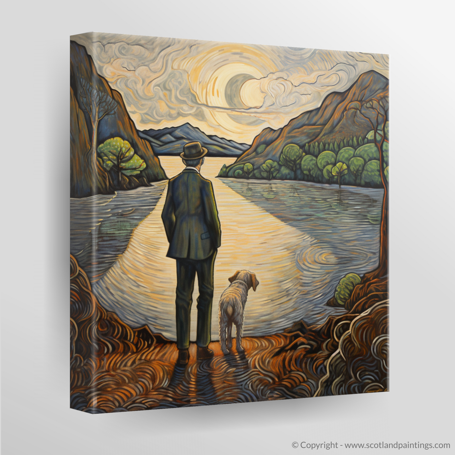 Painting and Art Print of A man walking dog at the side of Loch Lomond. A Man and His Dog by Tranquil Loch Lomond - An Art Nouveau Masterpiece.