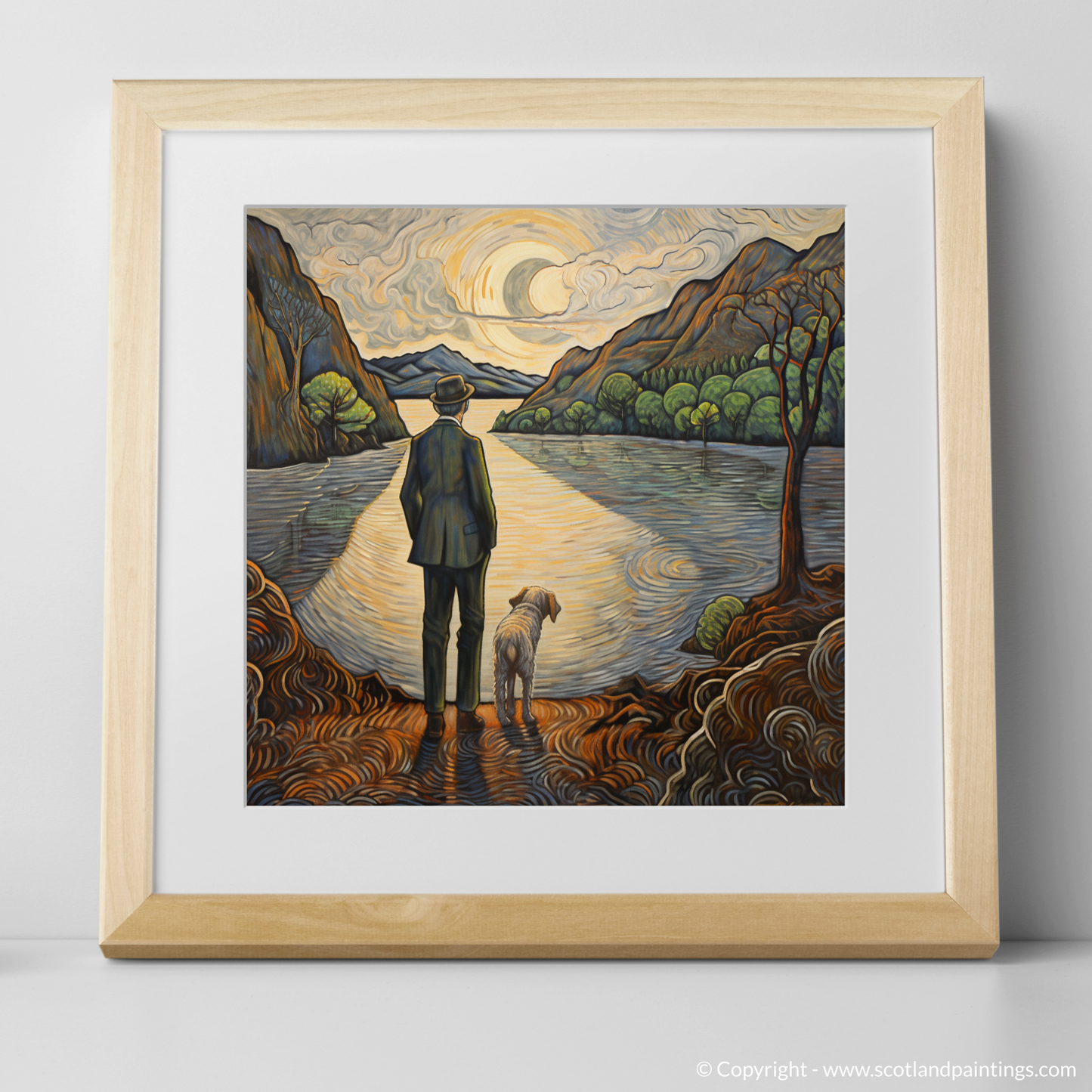 Painting and Art Print of A man walking dog at the side of Loch Lomond. A Man and His Dog by Tranquil Loch Lomond - An Art Nouveau Masterpiece.