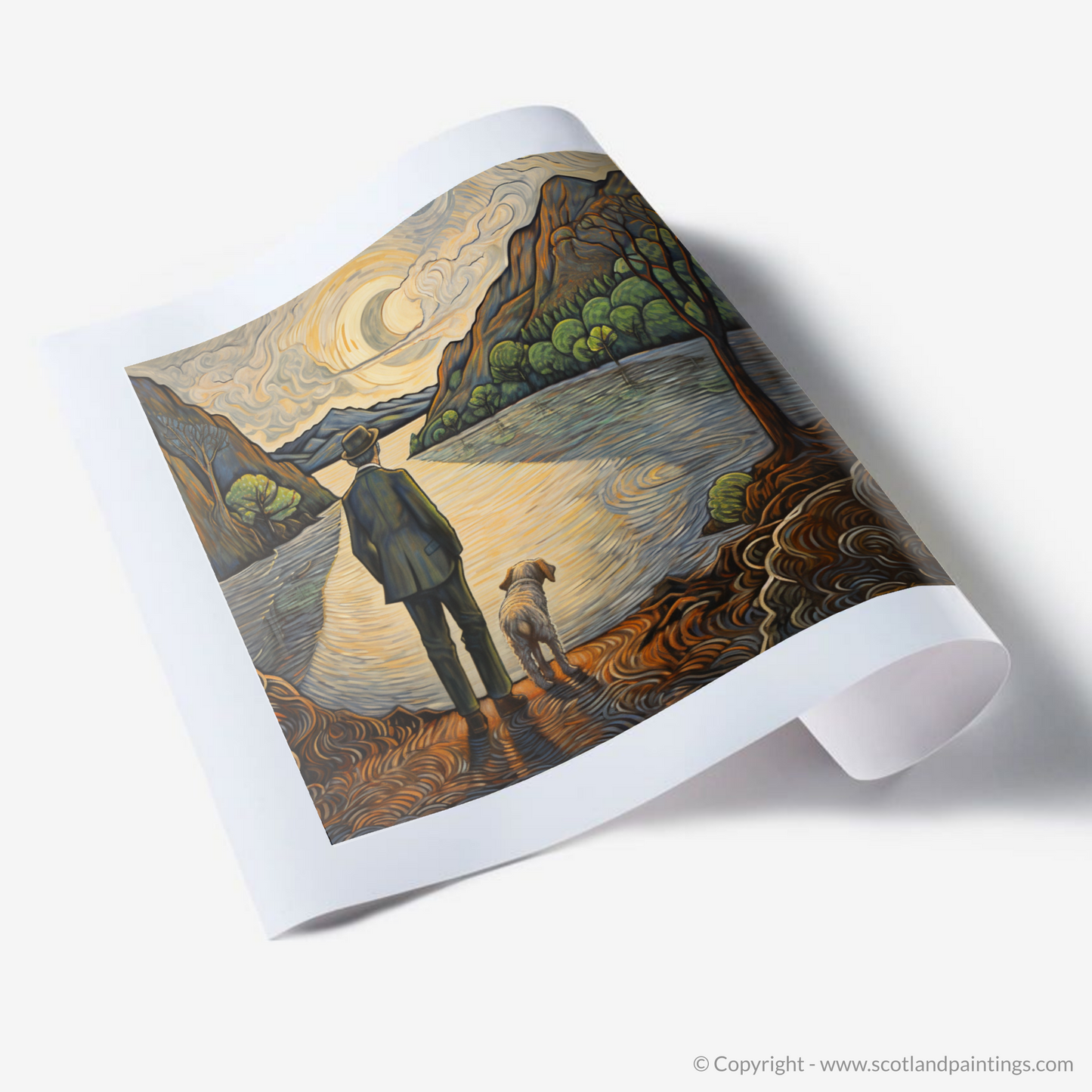 Painting and Art Print of A man walking dog at the side of Loch Lomond. A Man and His Dog by Tranquil Loch Lomond - An Art Nouveau Masterpiece.