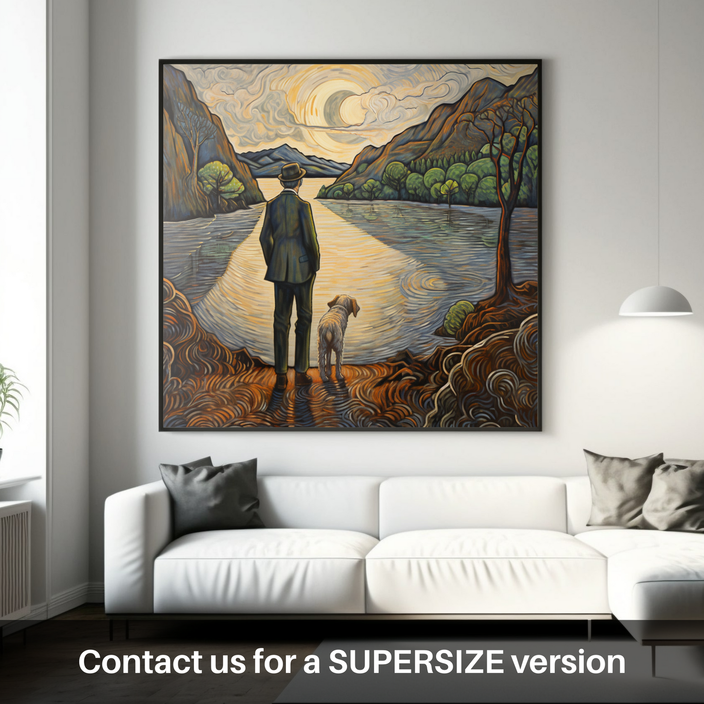 Painting and Art Print of A man walking dog at the side of Loch Lomond. A Man and His Dog by Tranquil Loch Lomond - An Art Nouveau Masterpiece.