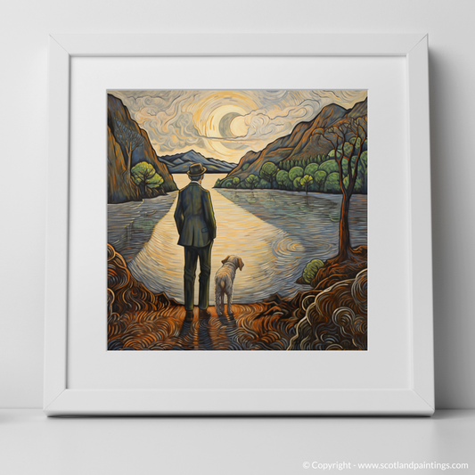 Painting and Art Print of A man walking dog at the side of Loch Lomond. A Man and His Dog by Tranquil Loch Lomond - An Art Nouveau Masterpiece.