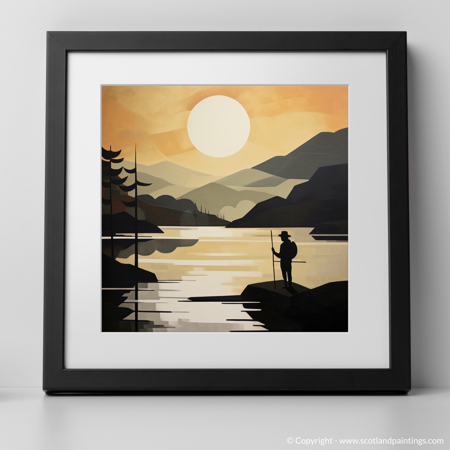 Painting and Art Print of Silhouetted fisherman on Loch Lomond. Silhouetted Fisherman at Dusk: A Cubist Loch Lomond Interpretation.