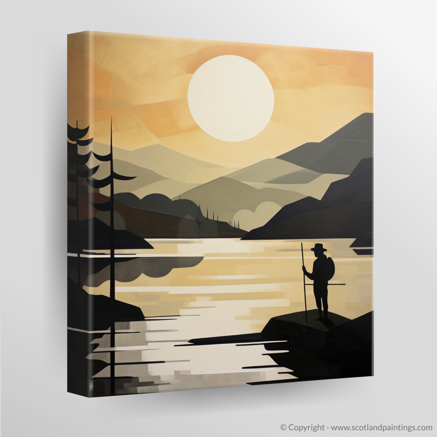 Painting and Art Print of Silhouetted fisherman on Loch Lomond. Silhouetted Fisherman at Dusk: A Cubist Loch Lomond Interpretation.