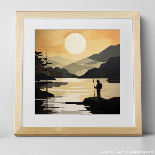 Painting and Art Print of Silhouetted fisherman on Loch Lomond. Silhouetted Fisherman at Dusk: A Cubist Loch Lomond Interpretation.