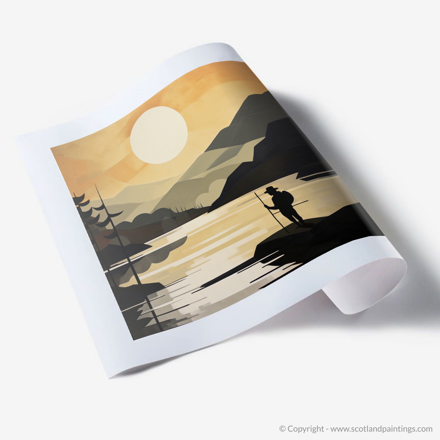 Painting and Art Print of Silhouetted fisherman on Loch Lomond. Silhouetted Fisherman at Dusk: A Cubist Loch Lomond Interpretation.