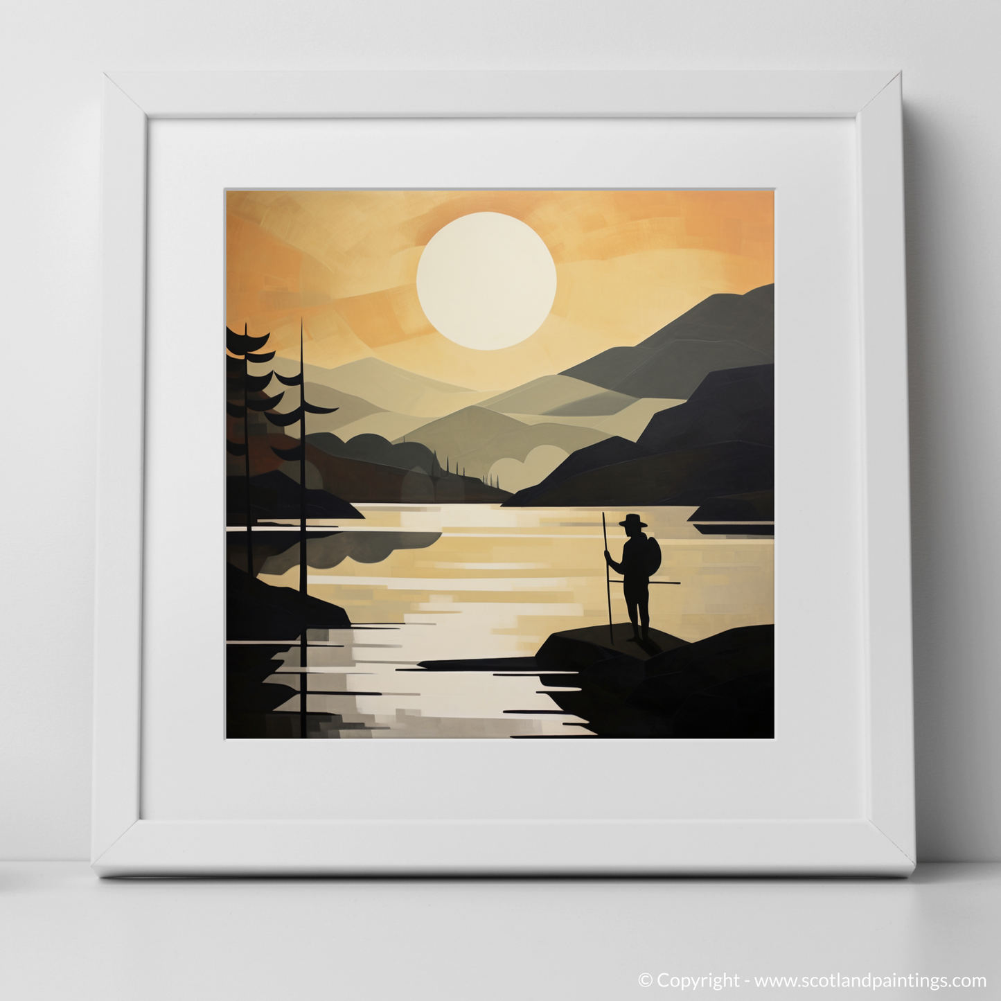 Painting and Art Print of Silhouetted fisherman on Loch Lomond. Silhouetted Fisherman at Dusk: A Cubist Loch Lomond Interpretation.