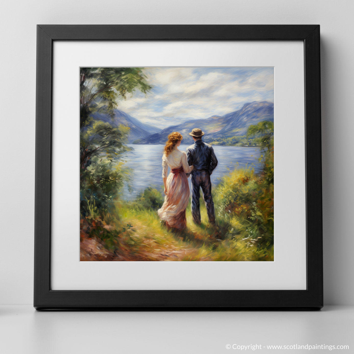 Art Print of A couple holding hands looking out on Loch Lomond with a black frame