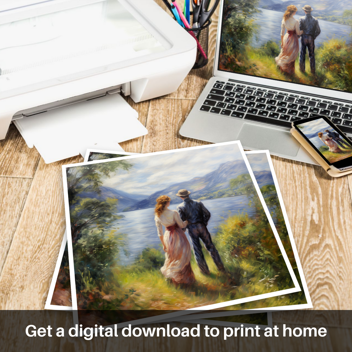 Downloadable and printable picture of A couple holding hands looking out on Loch Lomond