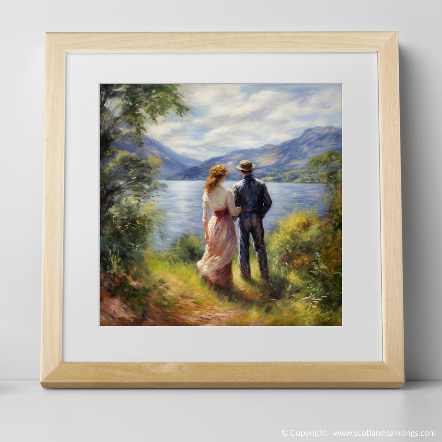 Art Print of A couple holding hands looking out on Loch Lomond with a natural frame