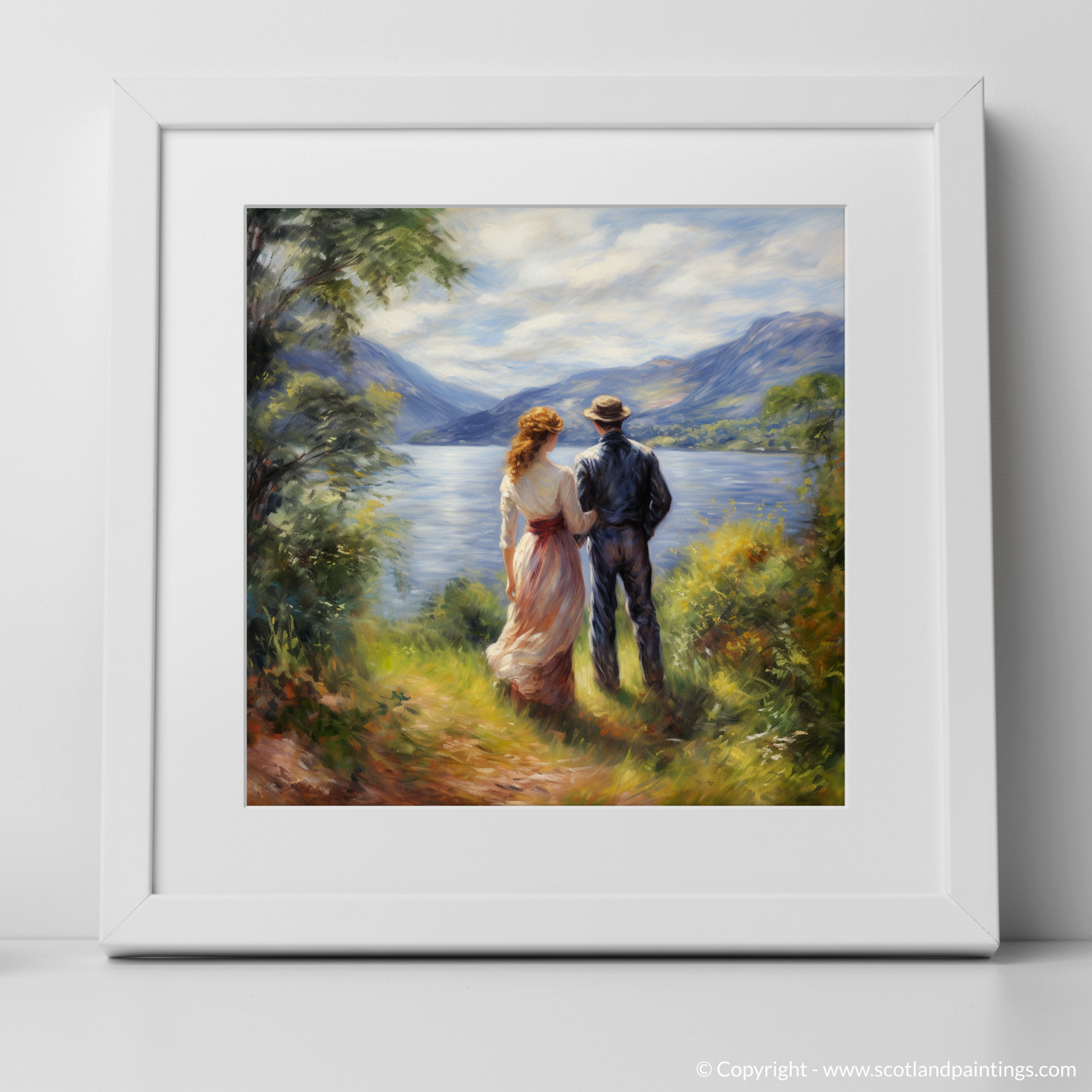 Art Print of A couple holding hands looking out on Loch Lomond with a white frame