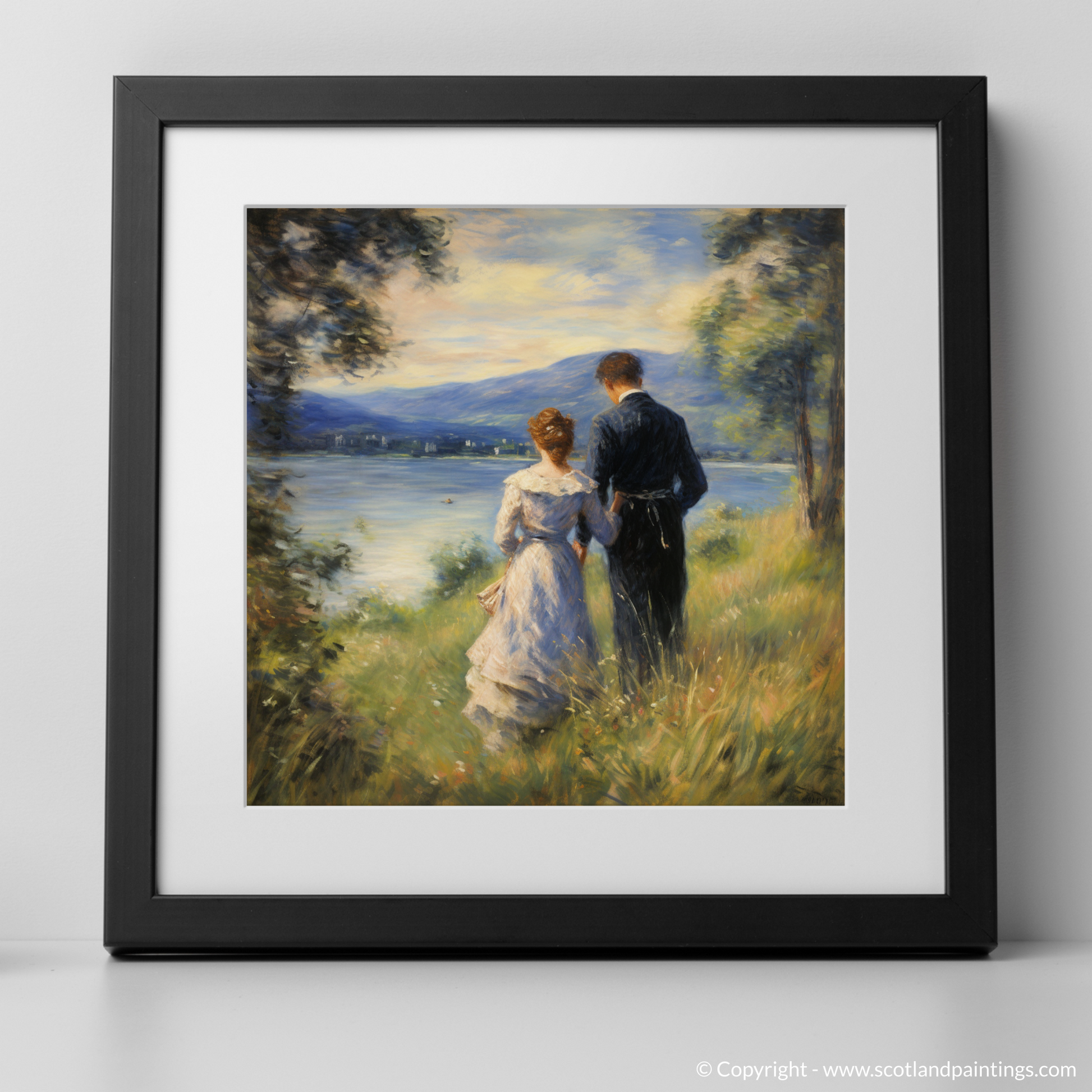 Art Print of A couple holding hands looking out on Loch Lomond with a black frame