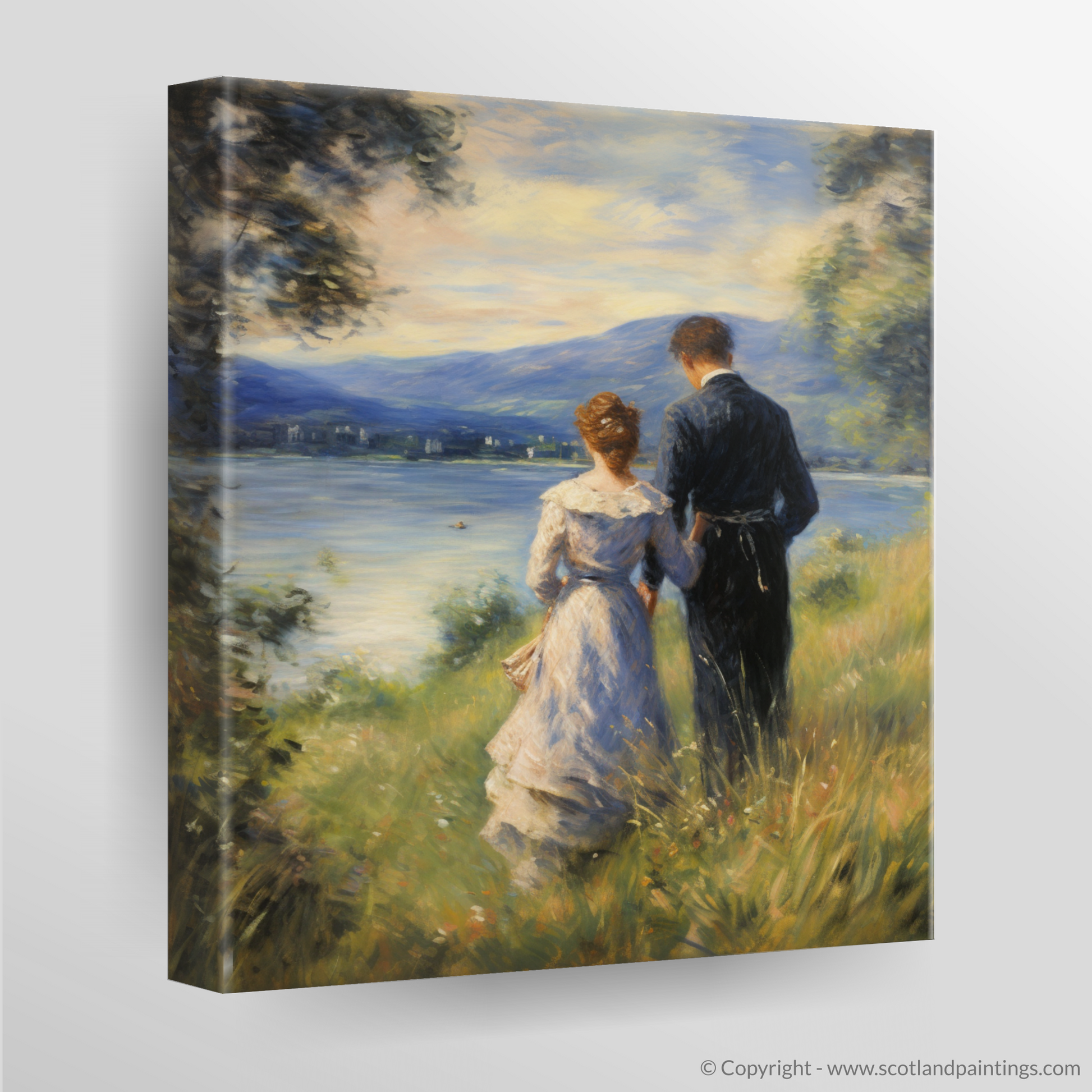 Canvas Print of A couple holding hands looking out on Loch Lomond