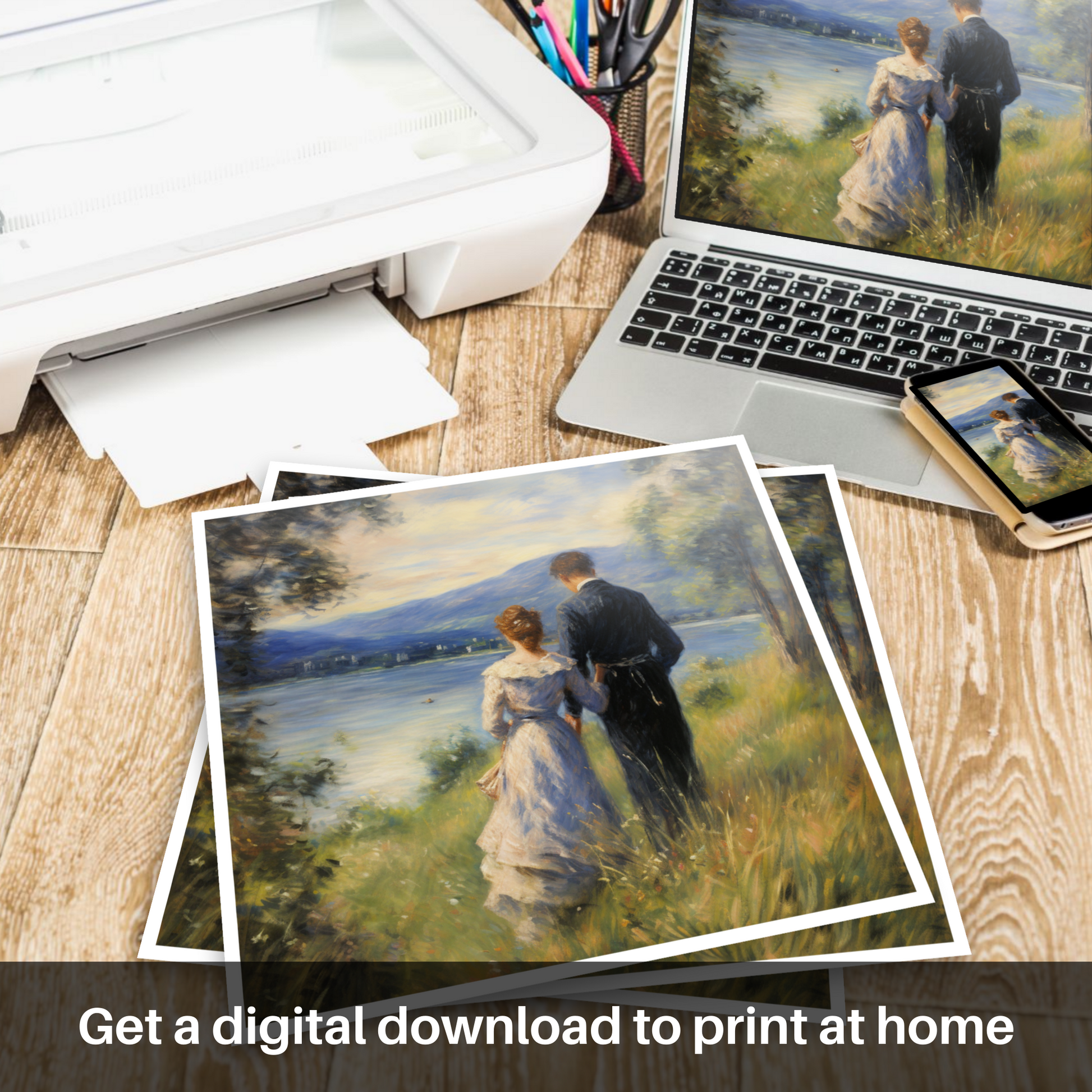 Downloadable and printable picture of A couple holding hands looking out on Loch Lomond