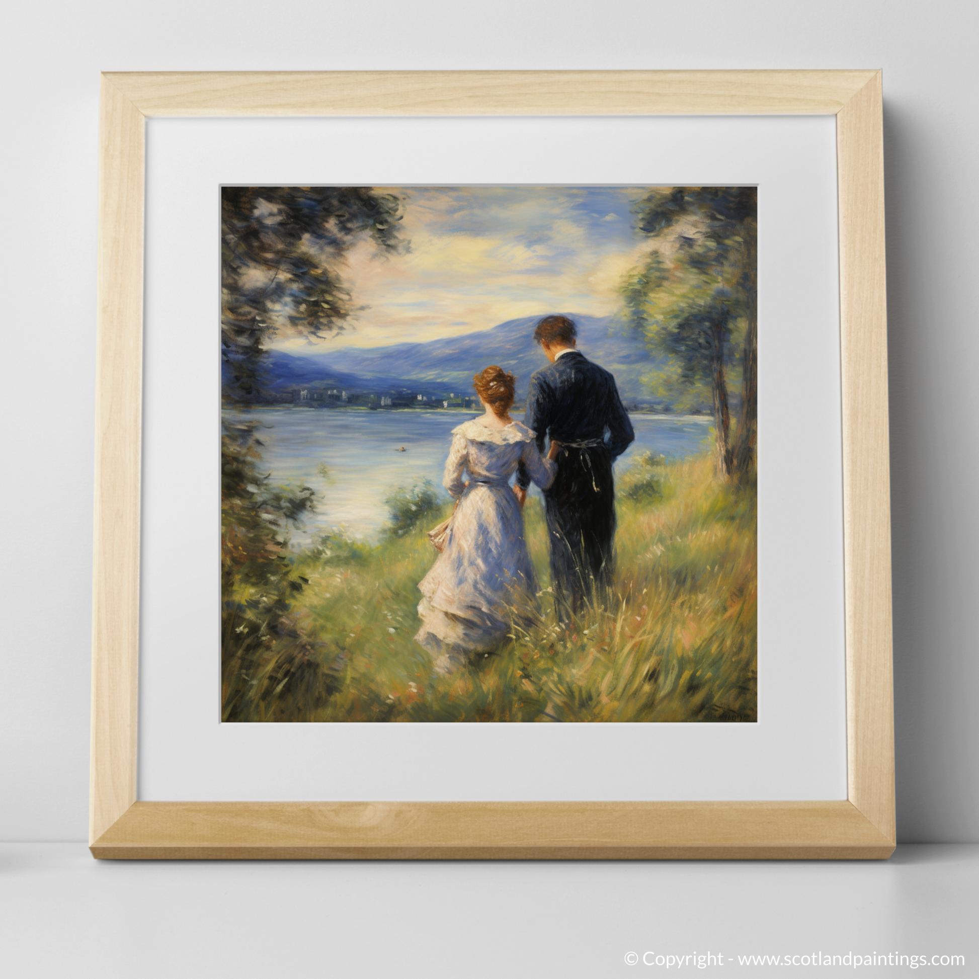 Art Print of A couple holding hands looking out on Loch Lomond with a natural frame