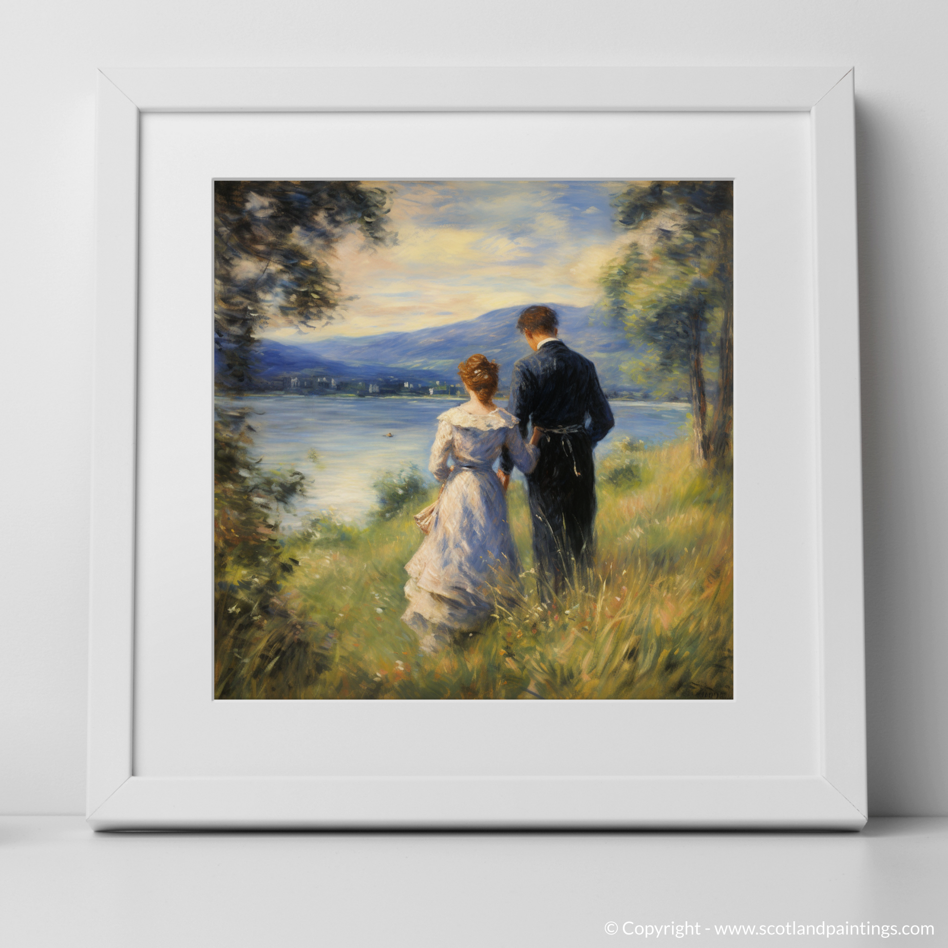 Art Print of A couple holding hands looking out on Loch Lomond with a white frame