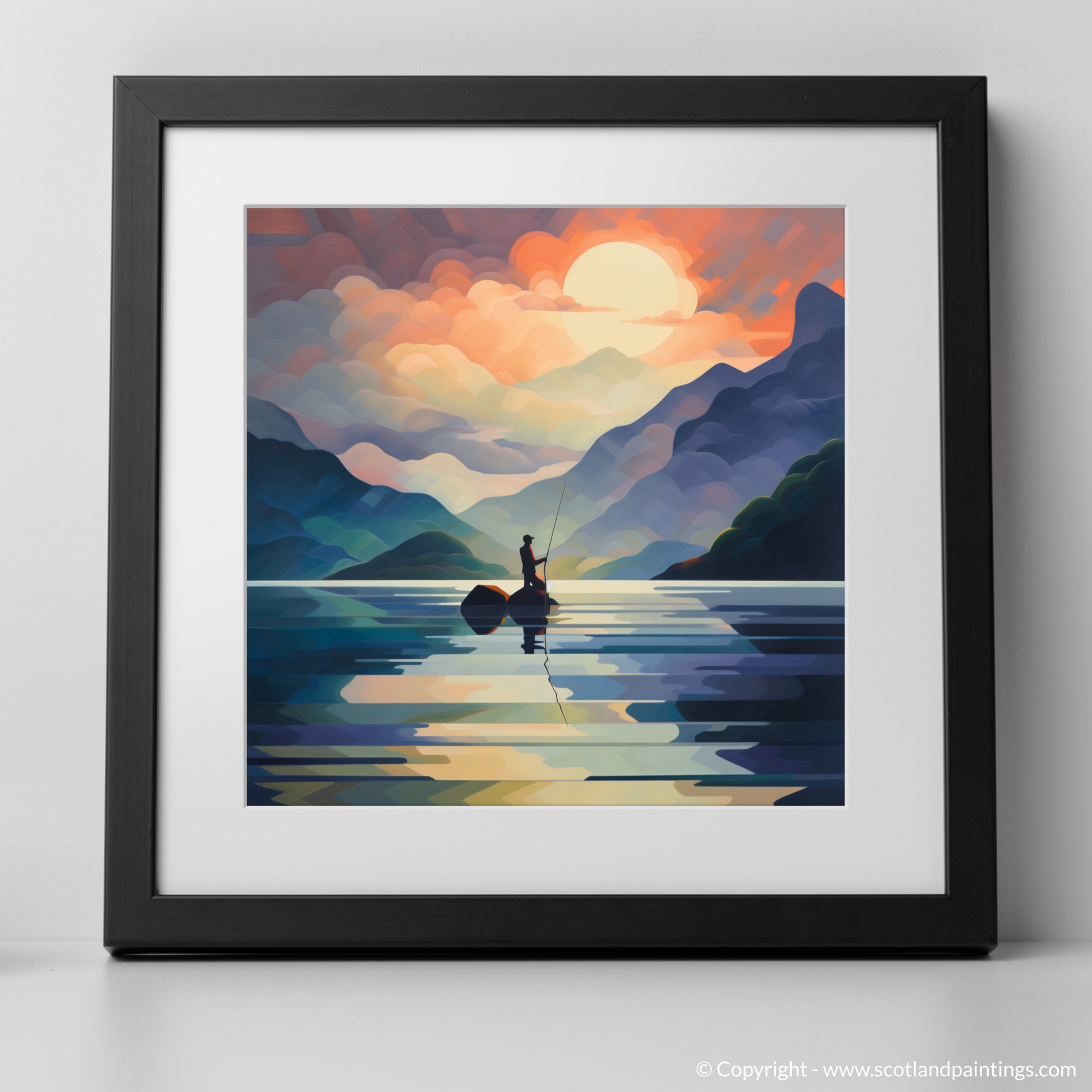Art Print of Silhouetted fisherman on Loch Lomond with a black frame