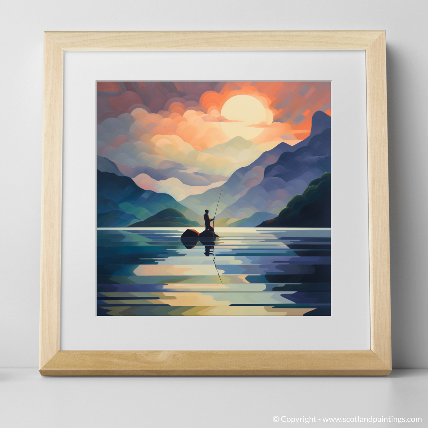 Art Print of Silhouetted fisherman on Loch Lomond with a natural frame