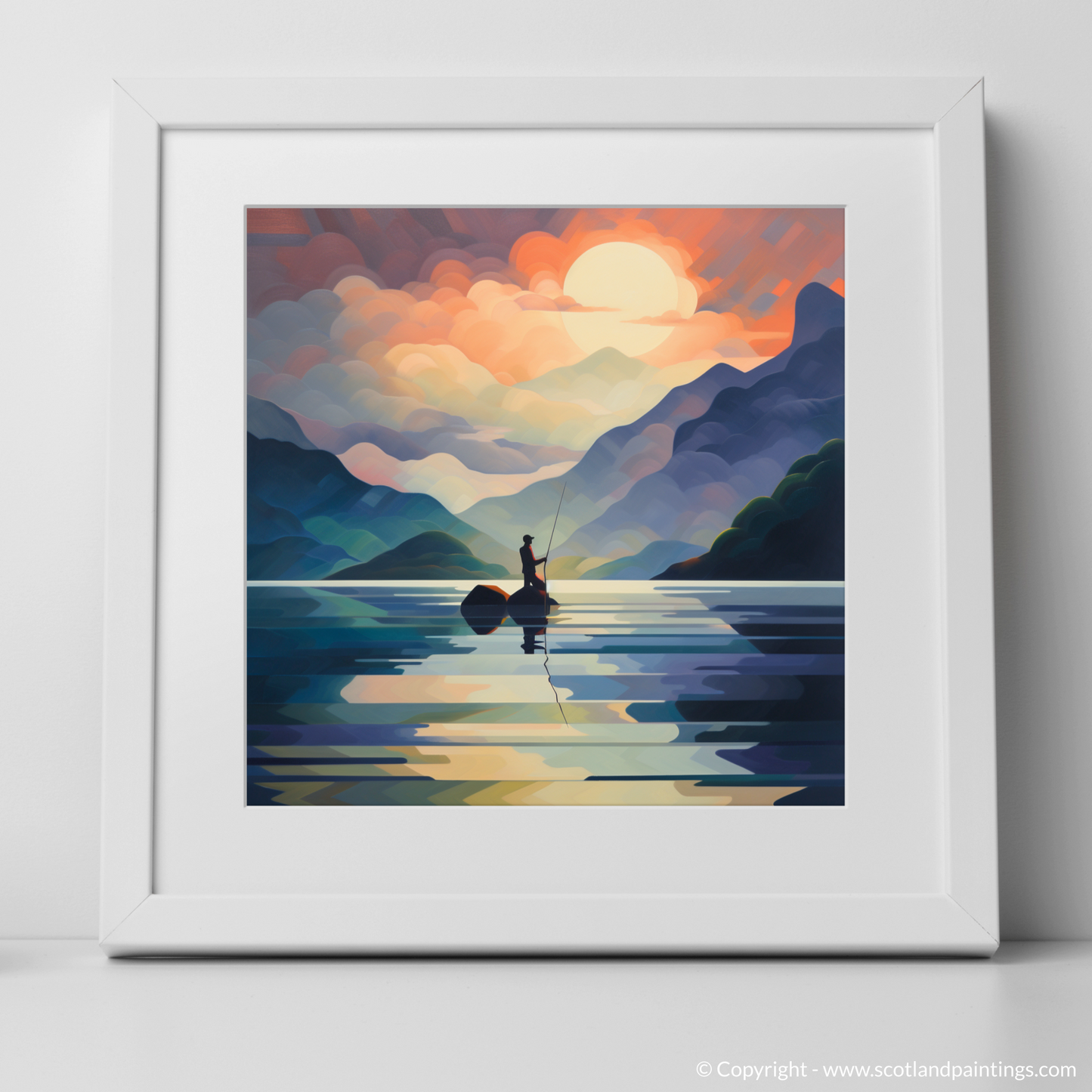 Art Print of Silhouetted fisherman on Loch Lomond with a white frame