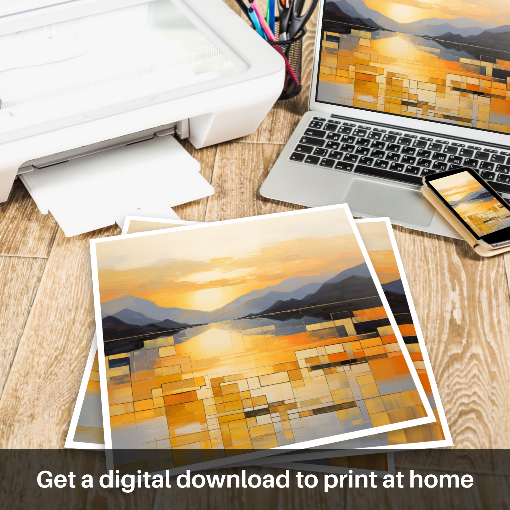 Downloadable and printable picture of Golden hour at Loch Lomond