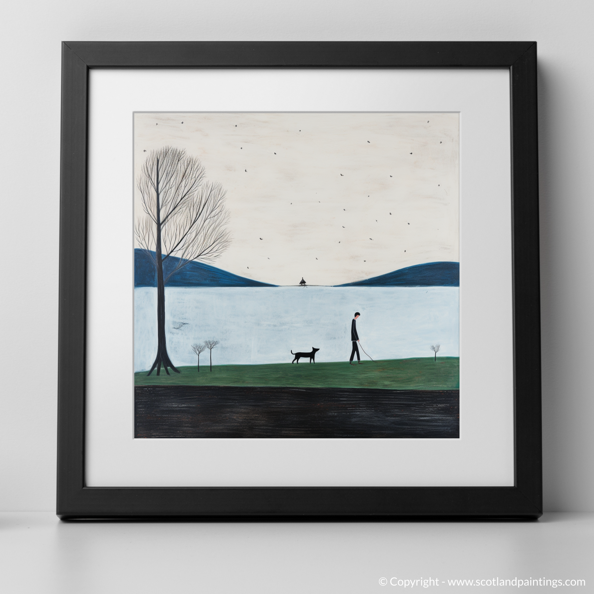 Art Print of A man walking dog at the side of Loch Lomond with a black frame