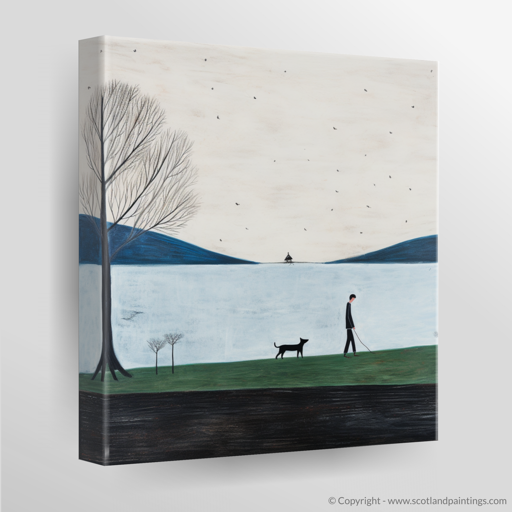 Canvas Print of A man walking dog at the side of Loch Lomond