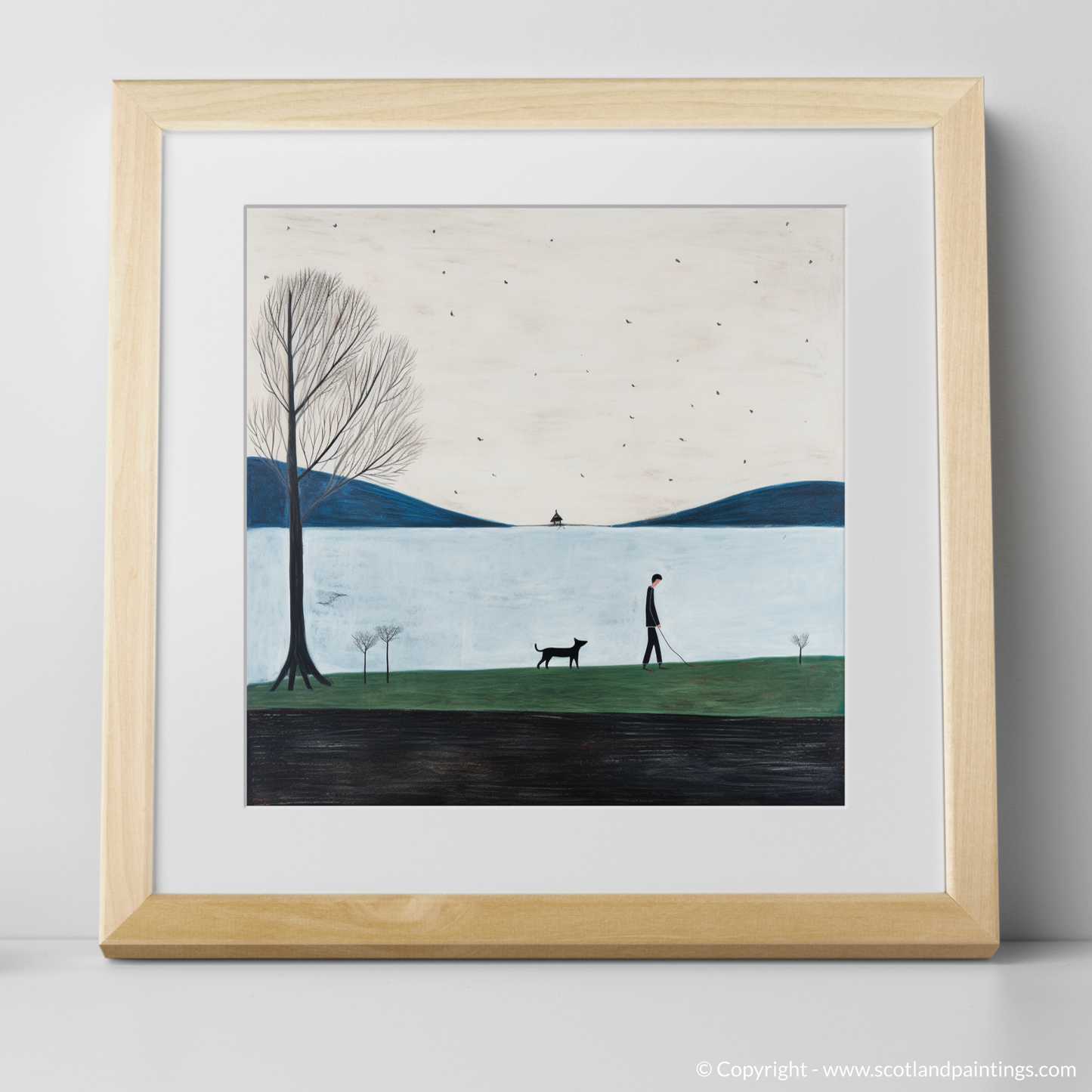 Art Print of A man walking dog at the side of Loch Lomond with a natural frame