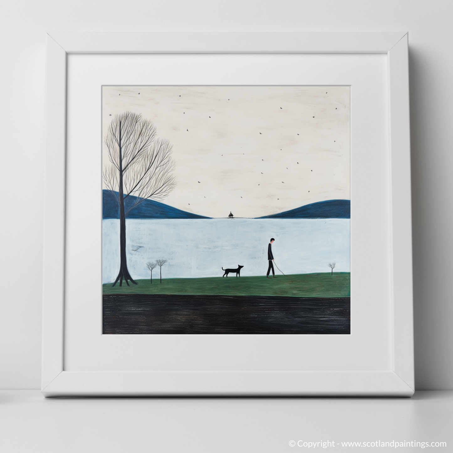 Art Print of A man walking dog at the side of Loch Lomond with a white frame