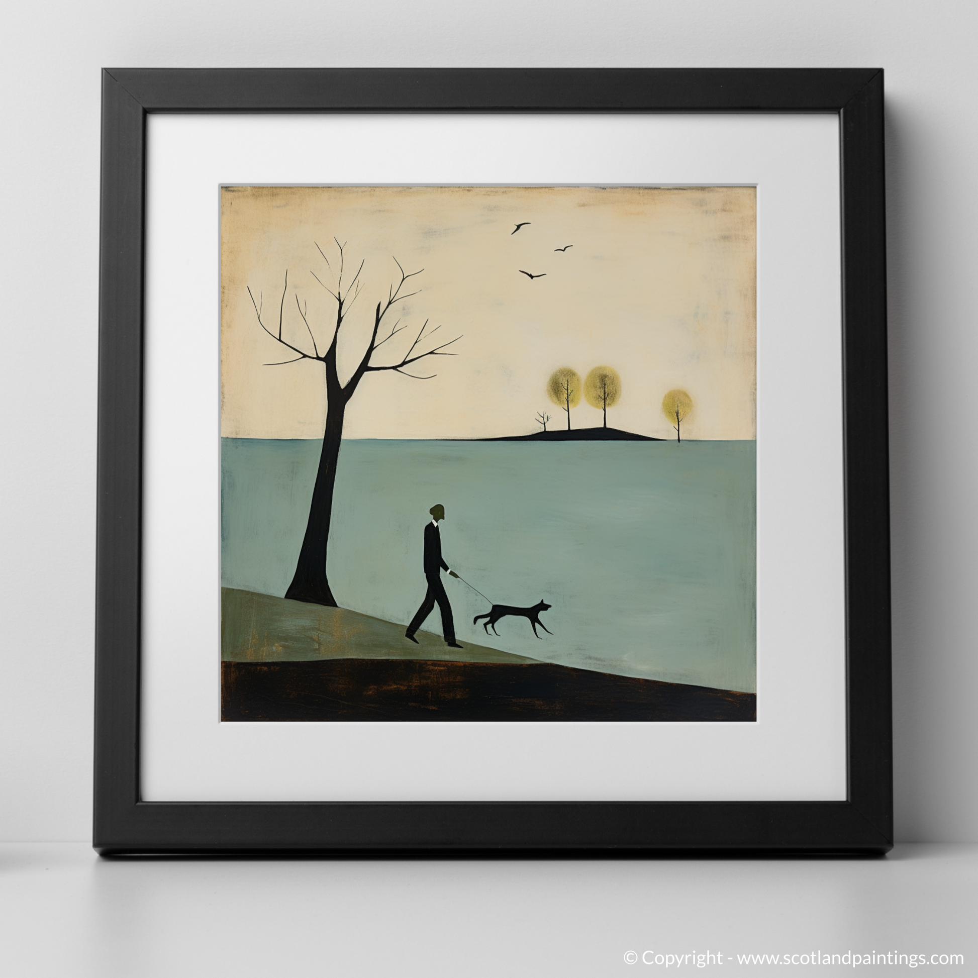 Art Print of A man walking dog at the side of Loch Lomond with a black frame