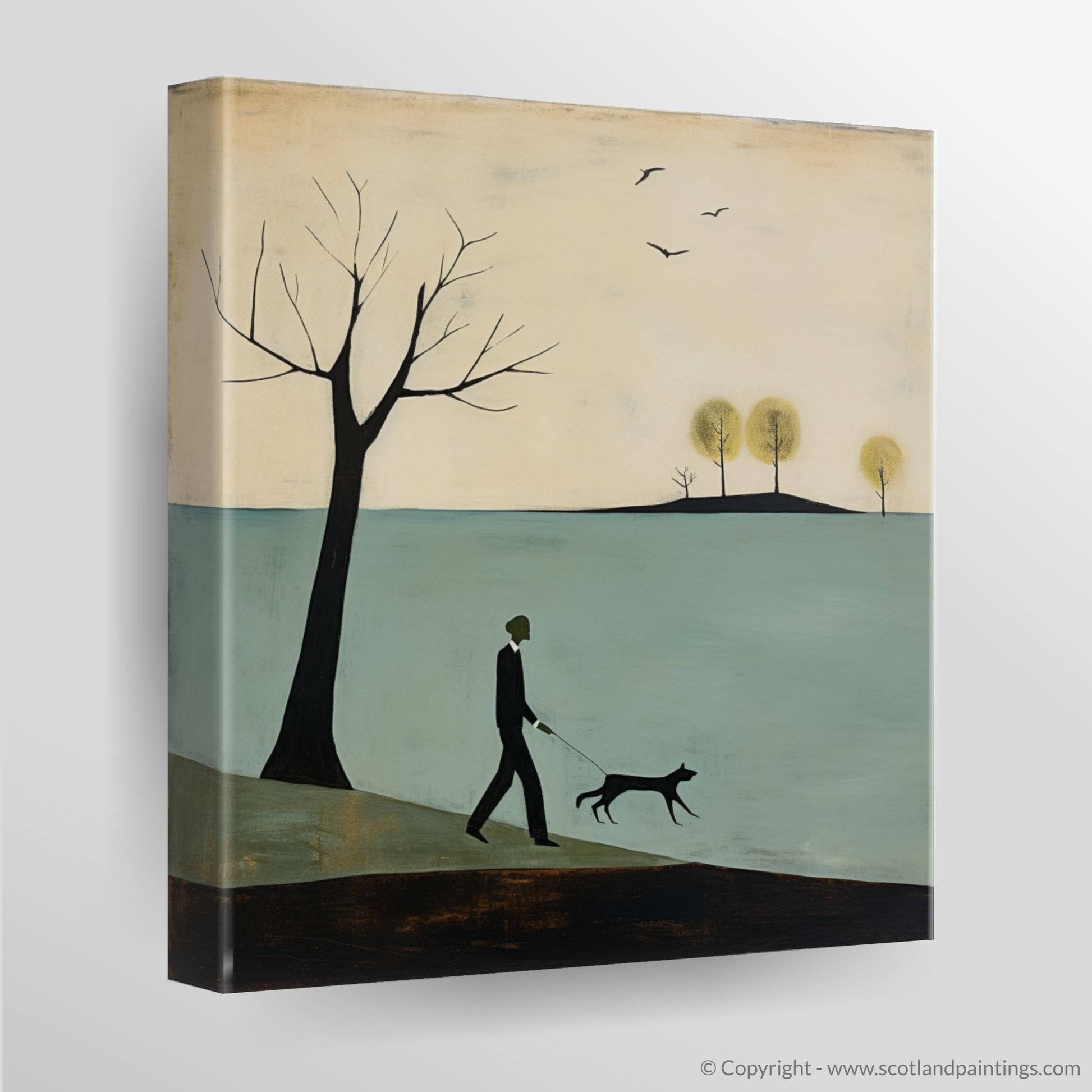 Canvas Print of A man walking dog at the side of Loch Lomond