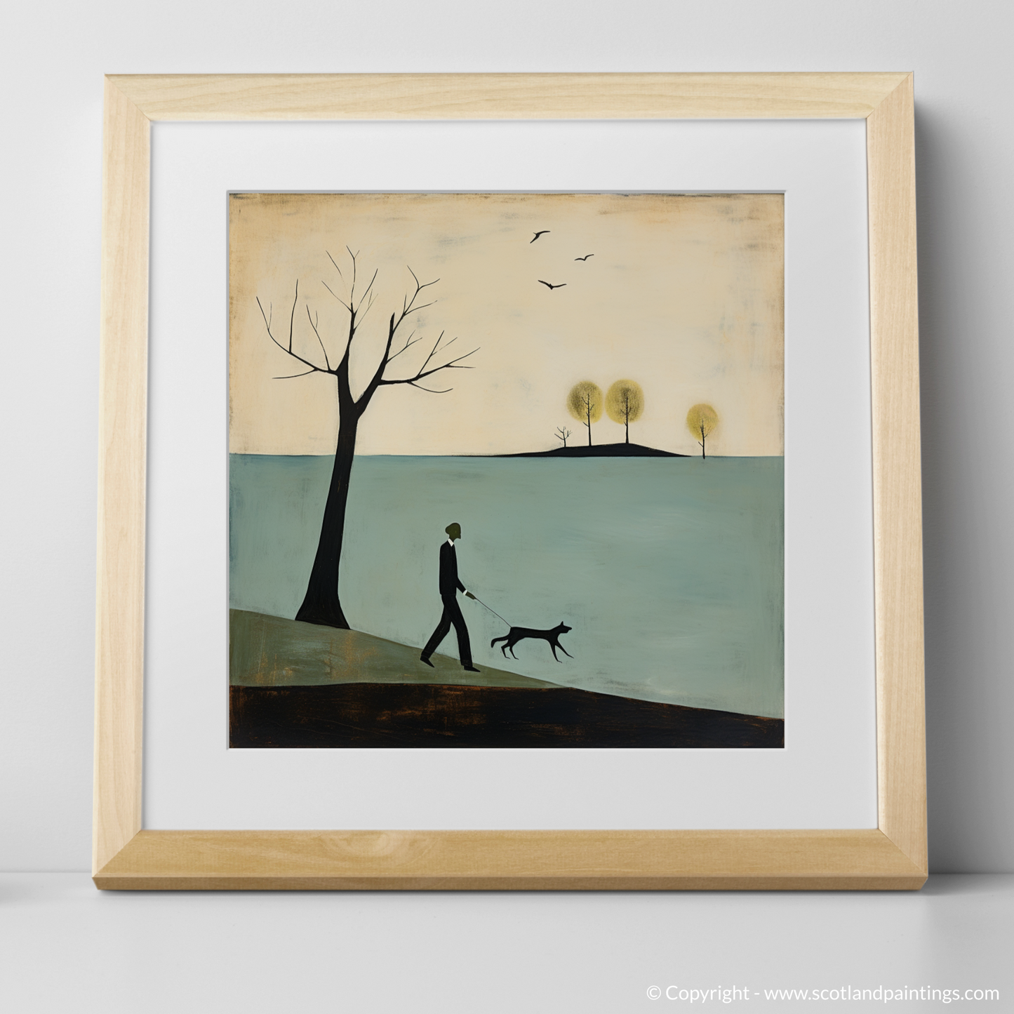 Art Print of A man walking dog at the side of Loch Lomond with a natural frame