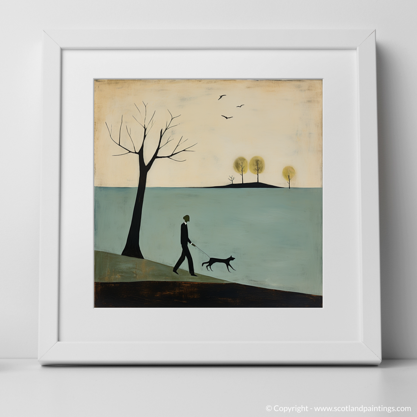 Art Print of A man walking dog at the side of Loch Lomond with a white frame