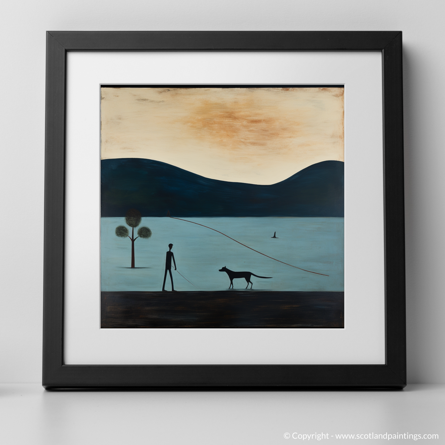 Art Print of A man walking dog at the side of Loch Lomond with a black frame