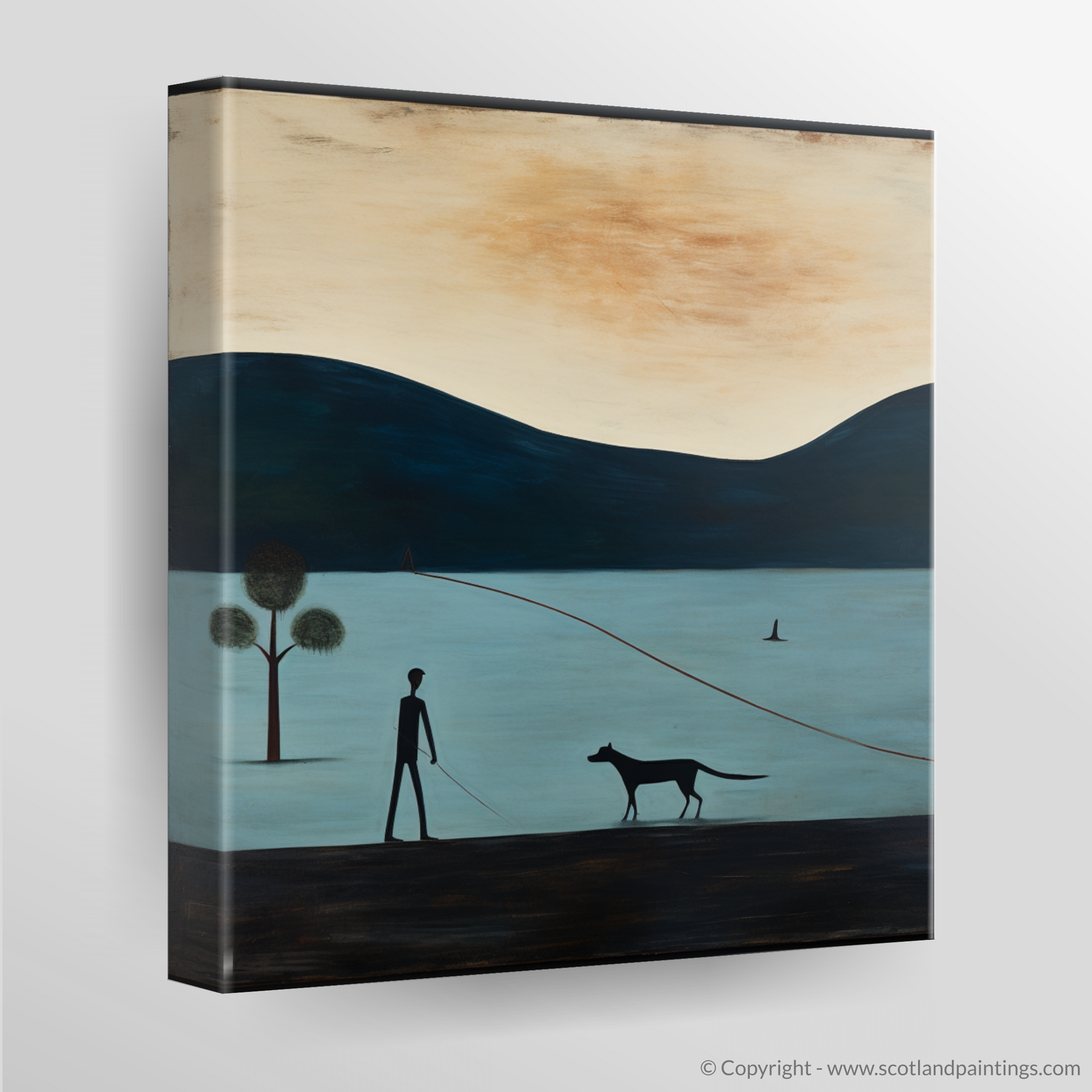 Canvas Print of A man walking dog at the side of Loch Lomond