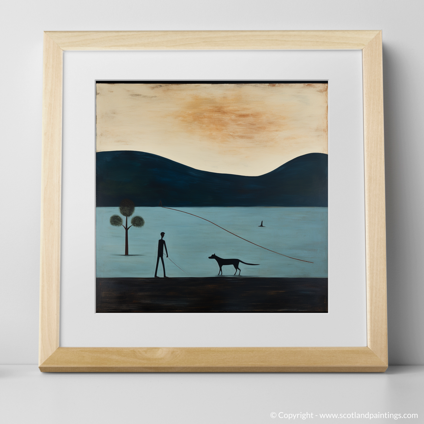 Art Print of A man walking dog at the side of Loch Lomond with a natural frame