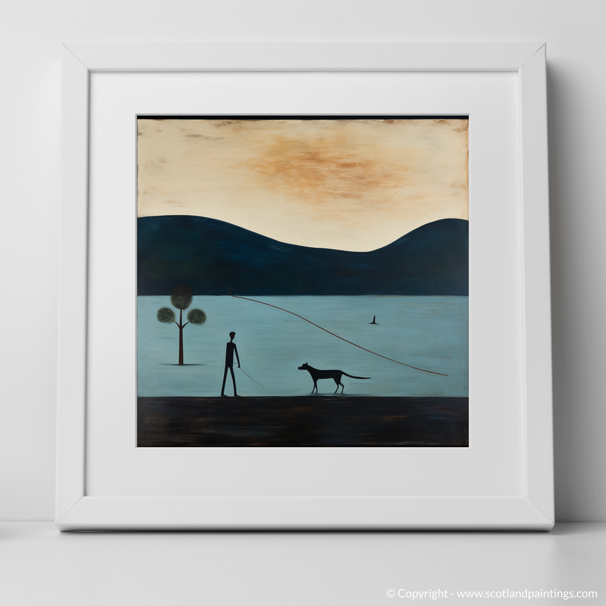 Art Print of A man walking dog at the side of Loch Lomond with a white frame