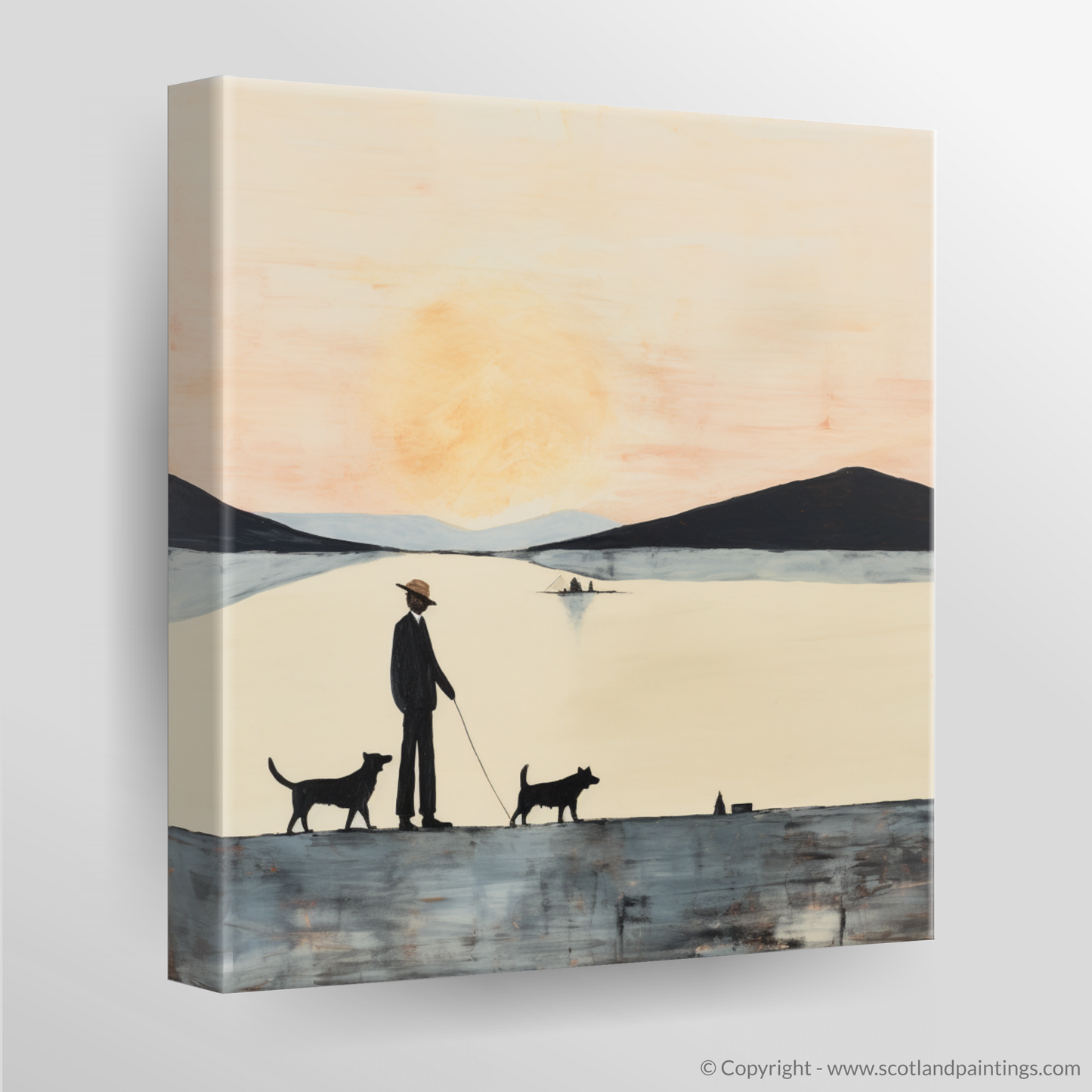 Painting and Art Print of A man walking dog at the side of Loch Lomond. Serene Stroll by Loch Lomond.