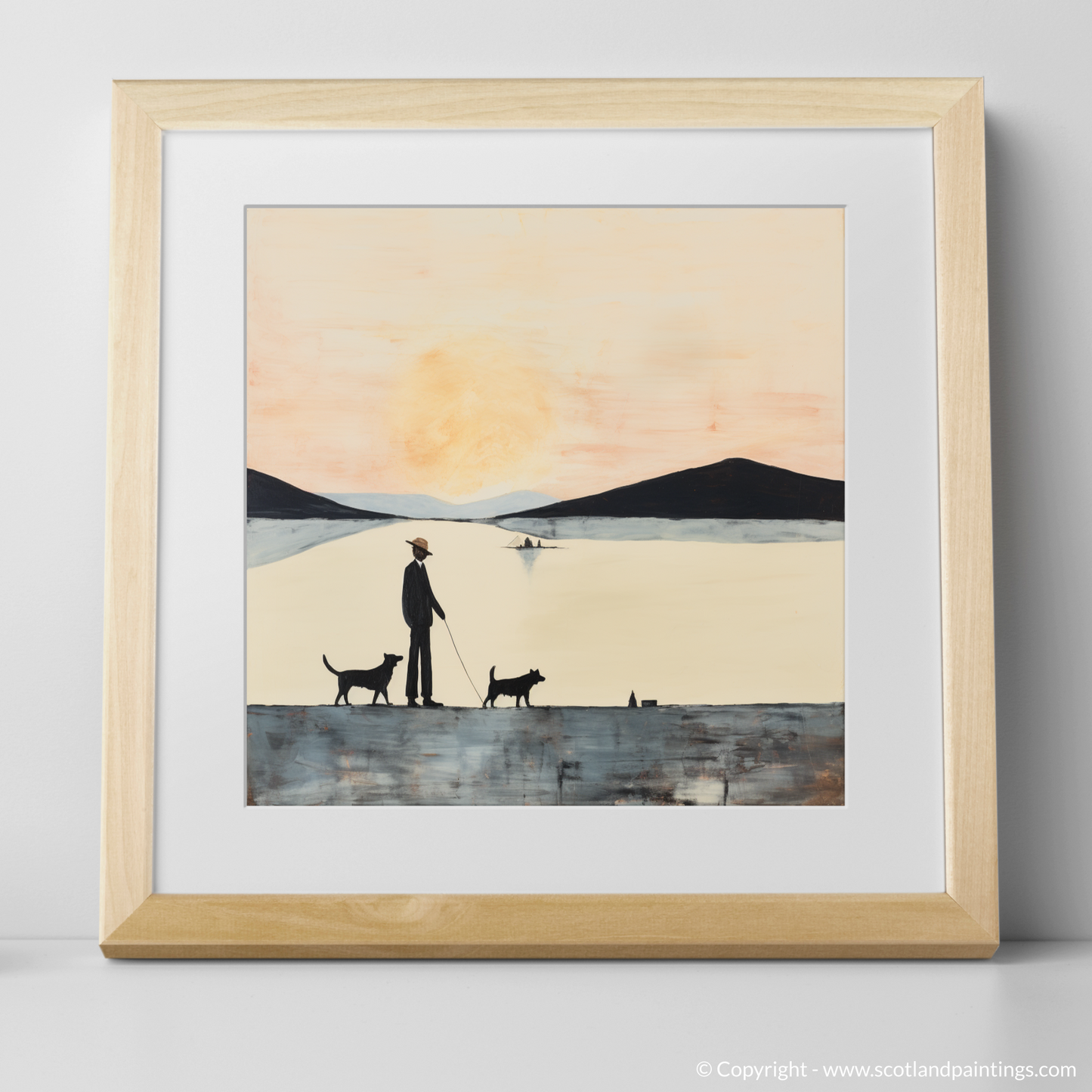 Painting and Art Print of A man walking dog at the side of Loch Lomond. Serene Stroll by Loch Lomond.