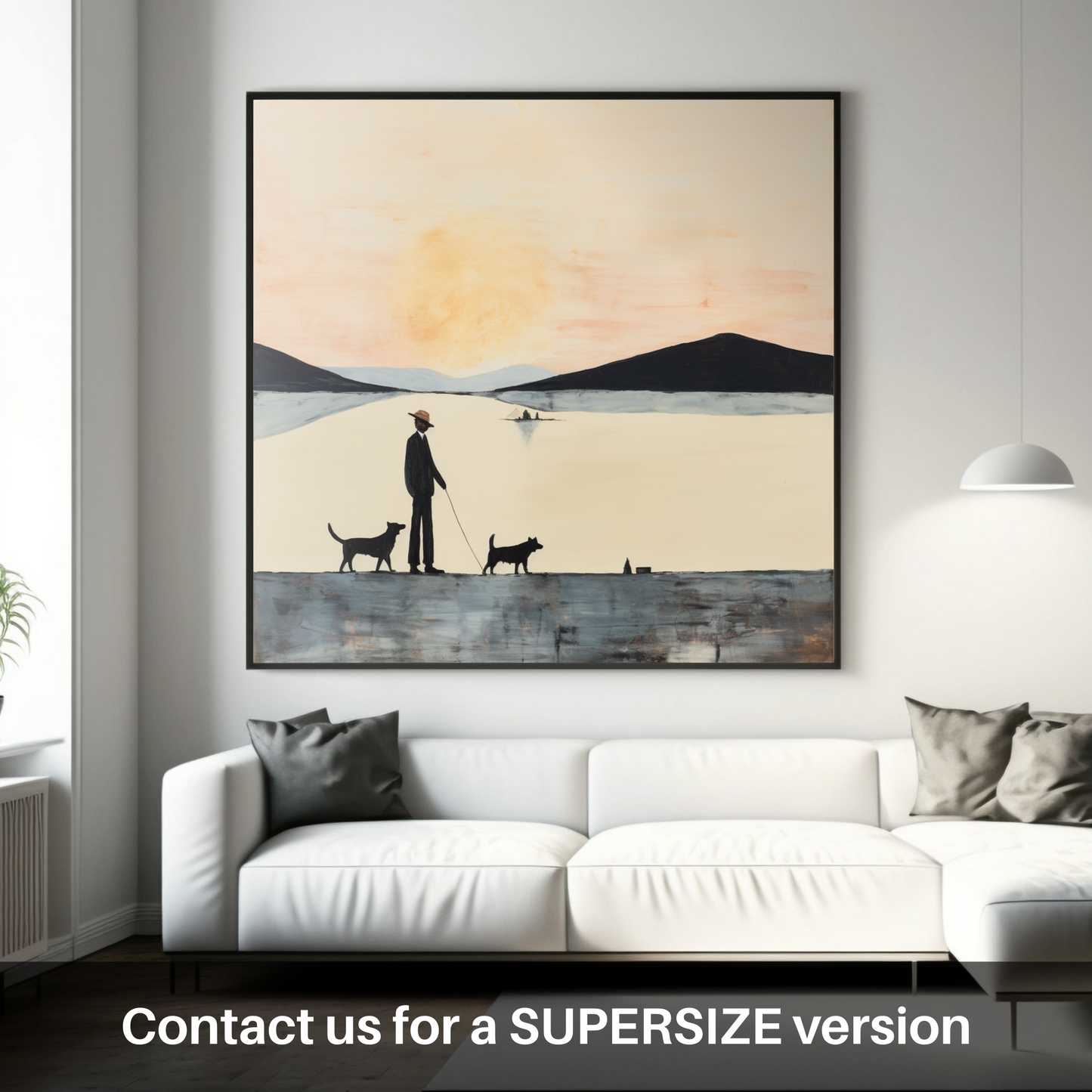 Painting and Art Print of A man walking dog at the side of Loch Lomond. Serene Stroll by Loch Lomond.