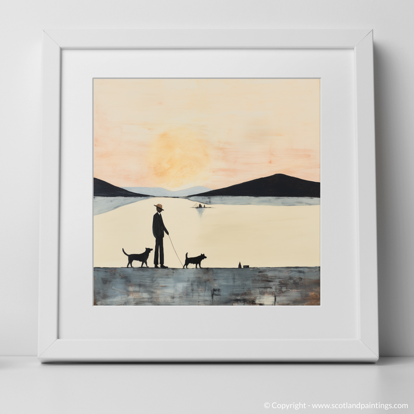 Painting and Art Print of A man walking dog at the side of Loch Lomond. Serene Stroll by Loch Lomond.