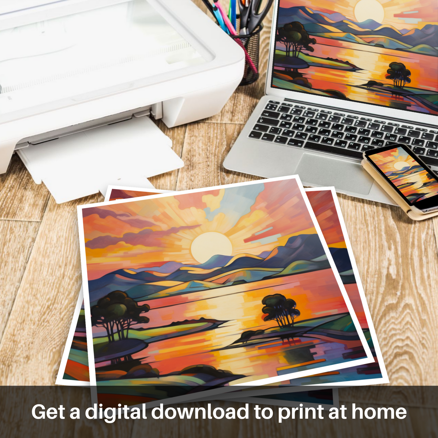 Downloadable and printable picture of Sunset over Loch Lomond