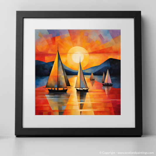 Art Print of Sailing boats on Loch Lomond at sunset with a black frame