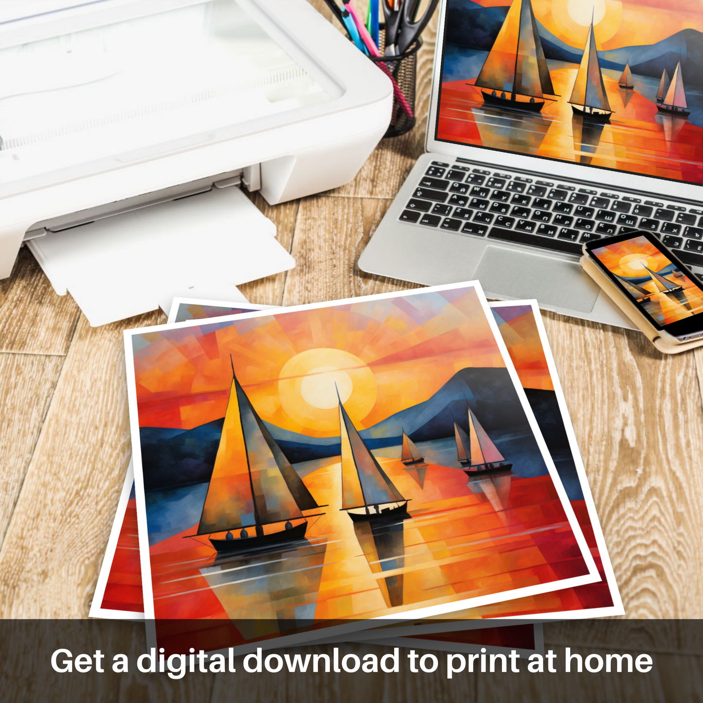 Downloadable and printable picture of Sailing boats on Loch Lomond at sunset