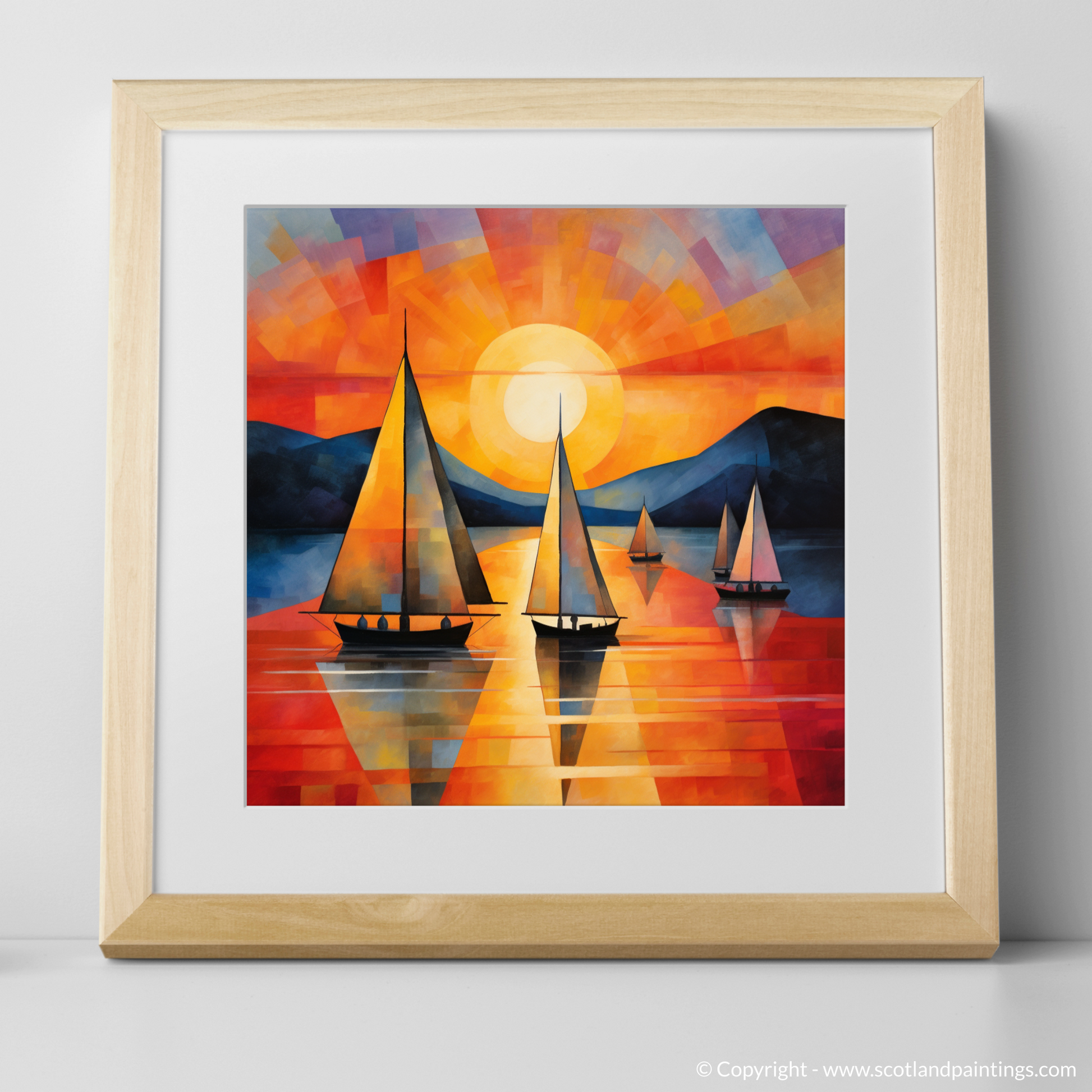 Art Print of Sailing boats on Loch Lomond at sunset with a natural frame