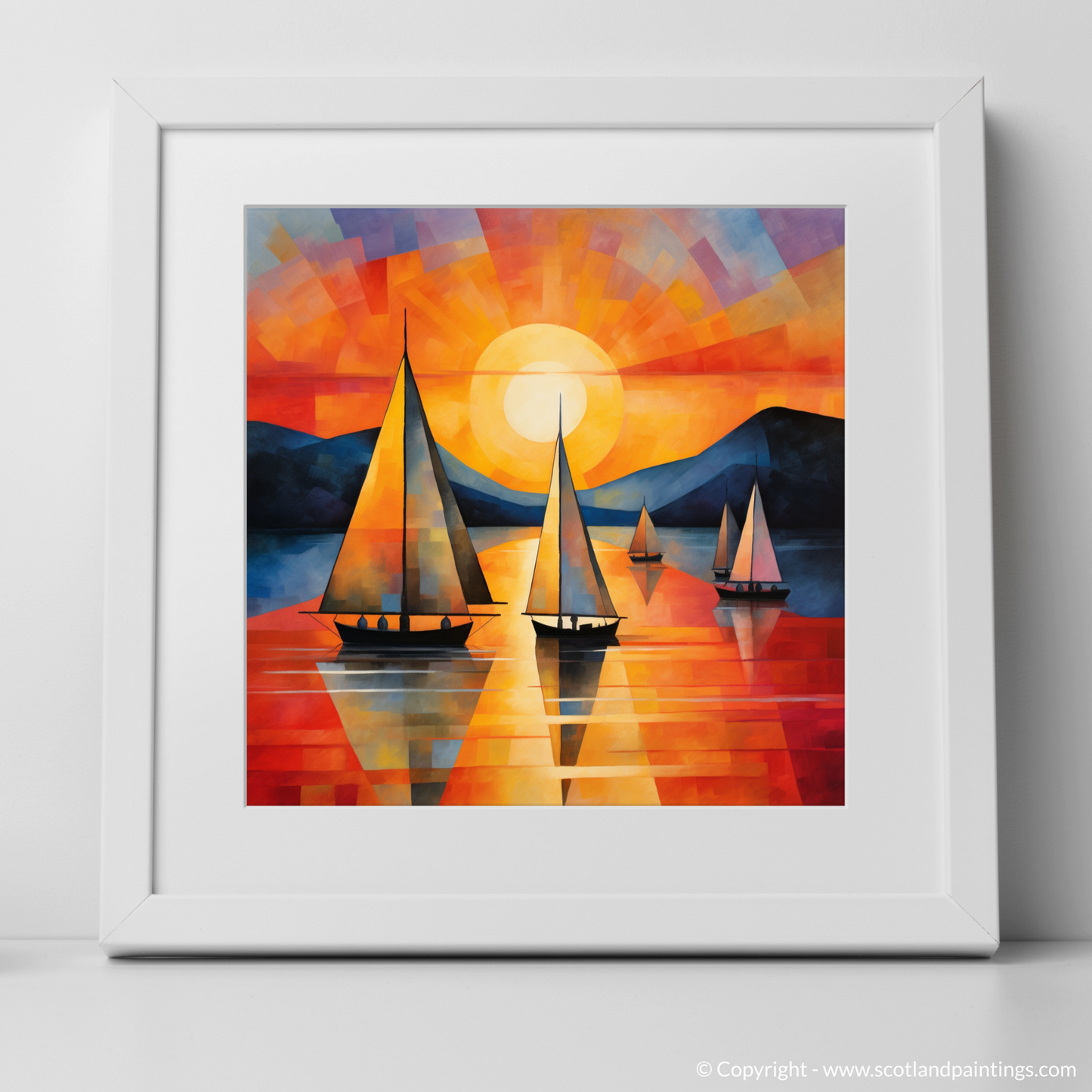 Art Print of Sailing boats on Loch Lomond at sunset with a white frame