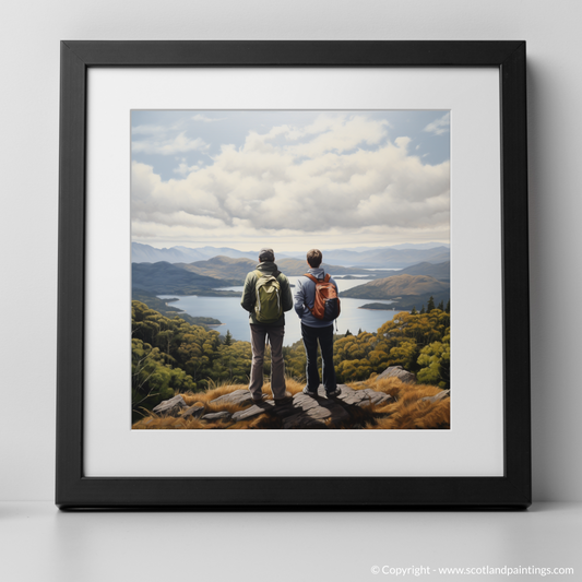 Art Print of Two hikers looking out on Loch Lomond with a black frame