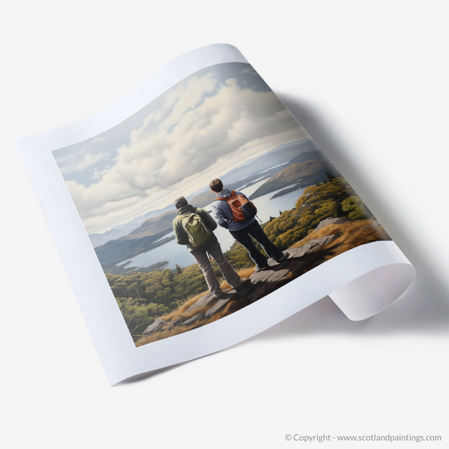Art Print of Two hikers looking out on Loch Lomond