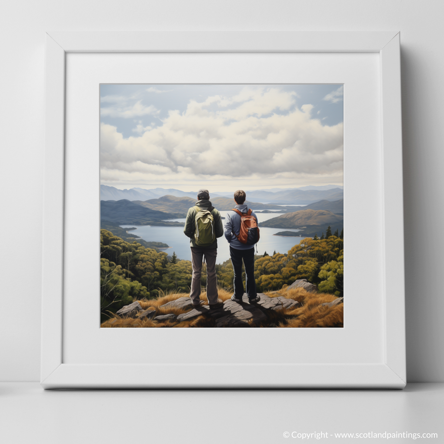 Art Print of Two hikers looking out on Loch Lomond with a white frame