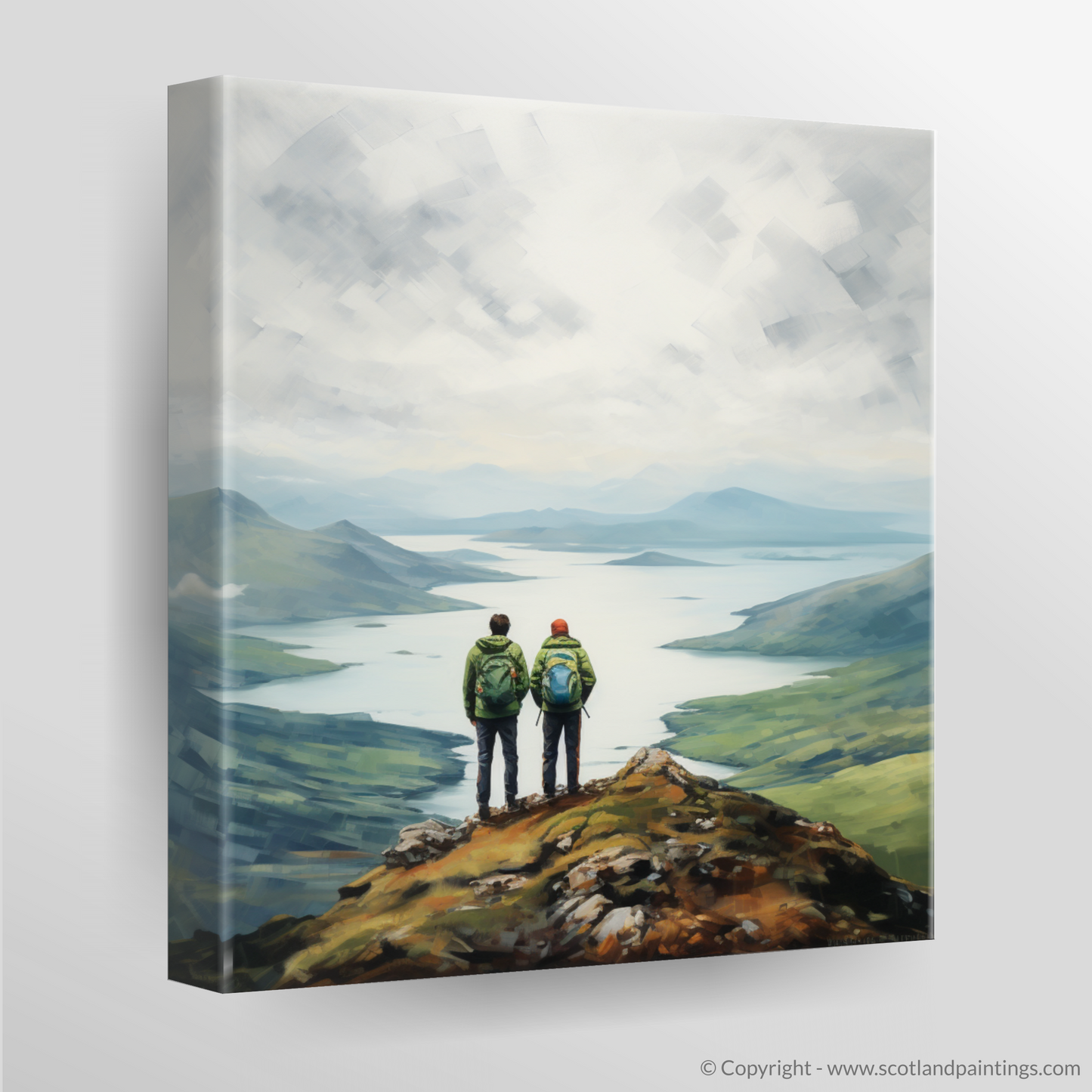 Canvas Print of Two hikers looking out on Loch Lomond